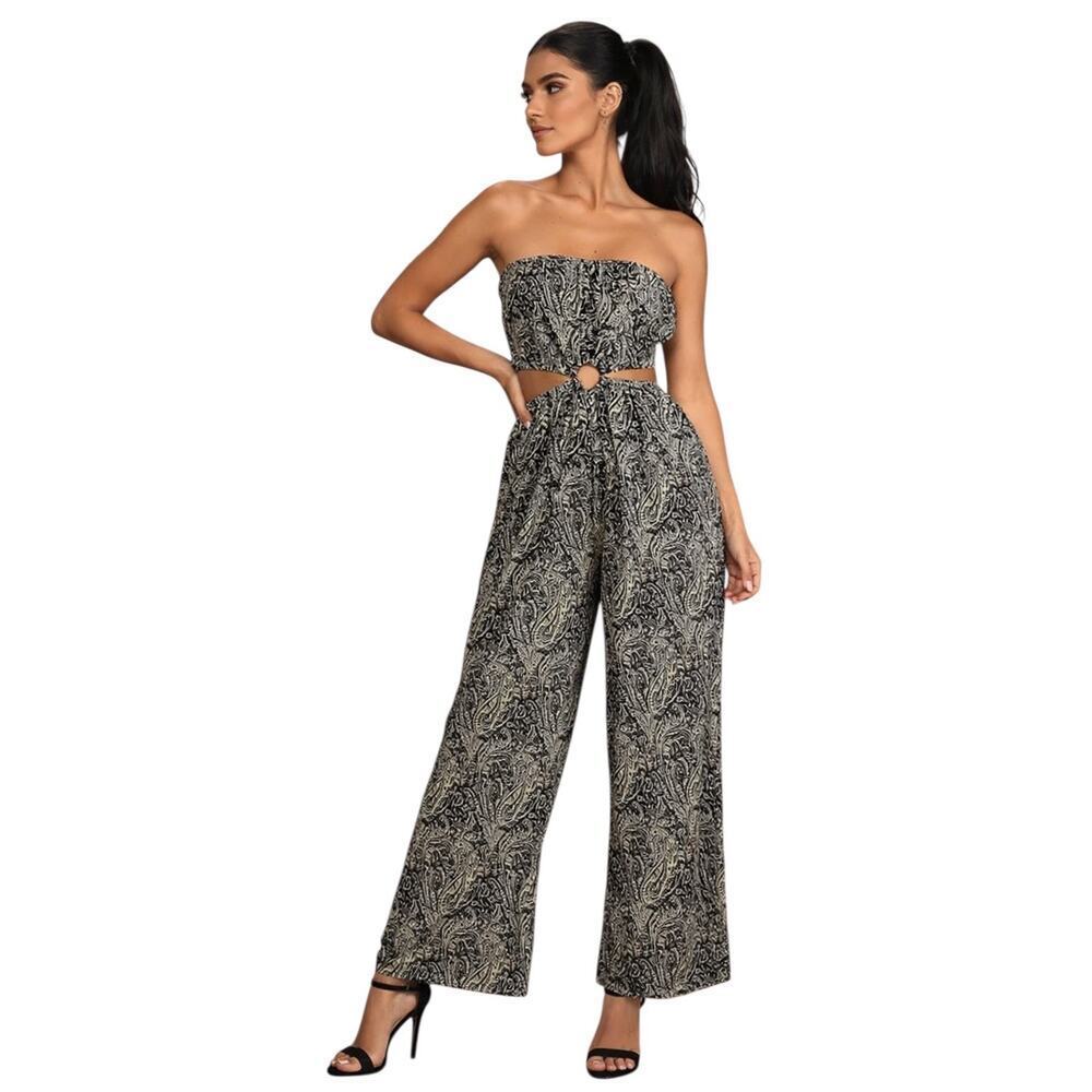 Lulus Strapless Paisley Wide Leg Jumpsuit Cutout Back Elastic Waist L
